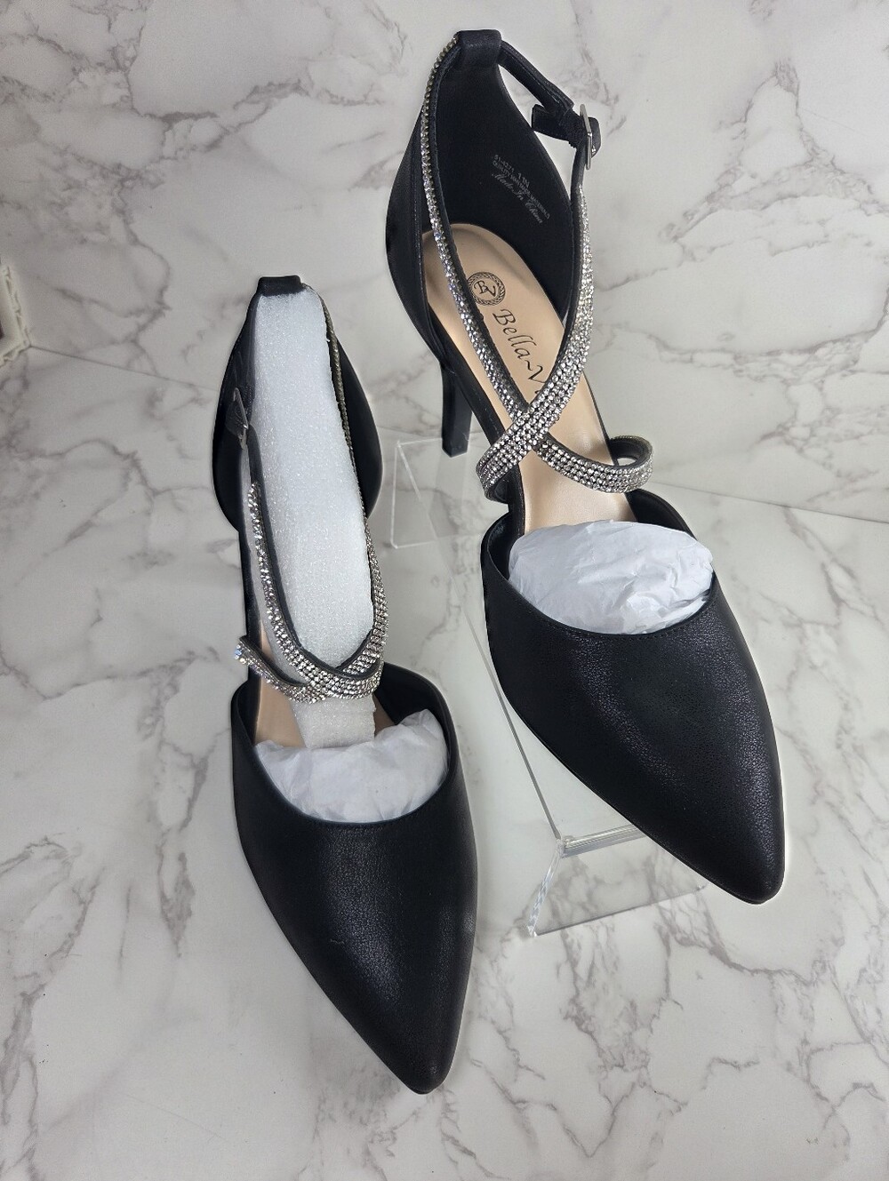 Bella Vita Black Pointed Crystal Strap Mid-Heel Pumps(B42) - Picture 3 of 8